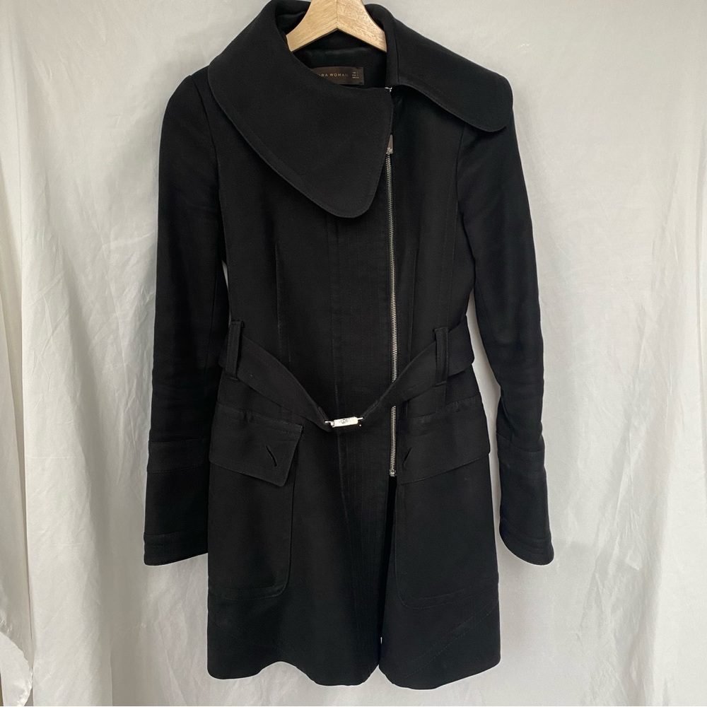Zara WOMAN Black Wool Blend Long Full Zip Coat Women's Size Small Belted
